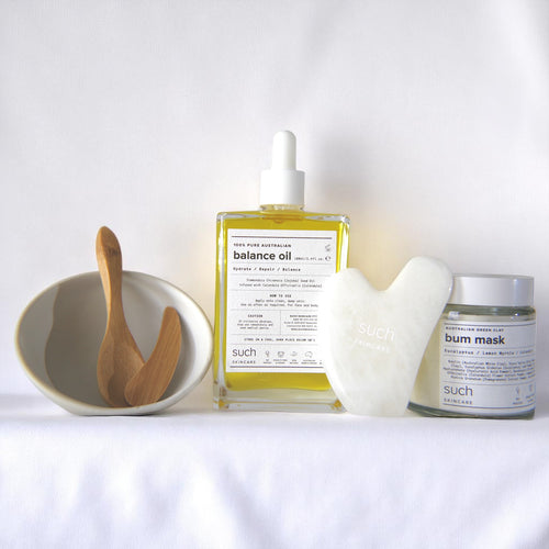 Such Balance Set - Balance Oil, Green Clay Mask, ceramic mixing bowl and Crystal Quartz Gua Sha skincare ritual kit