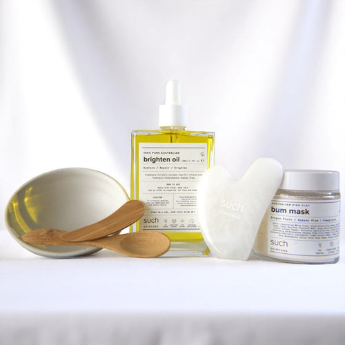 Such Radiance Set - Brighten Oil, Pink Clay Mask, ceramic mixing bowl and Crystal Quartz Gua Sha skincare ritual kit